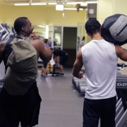 Friends working out together.