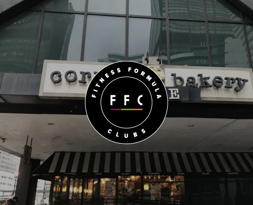 Corner bakery entrance with ffc logo on top of image