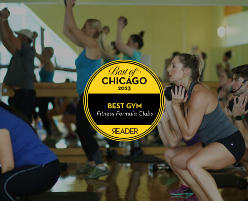 Group fitness class at ffc Union station with the ffc best gym logo on top if image