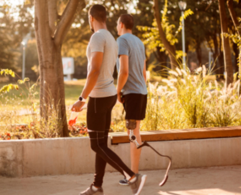 Two men walking in the forest