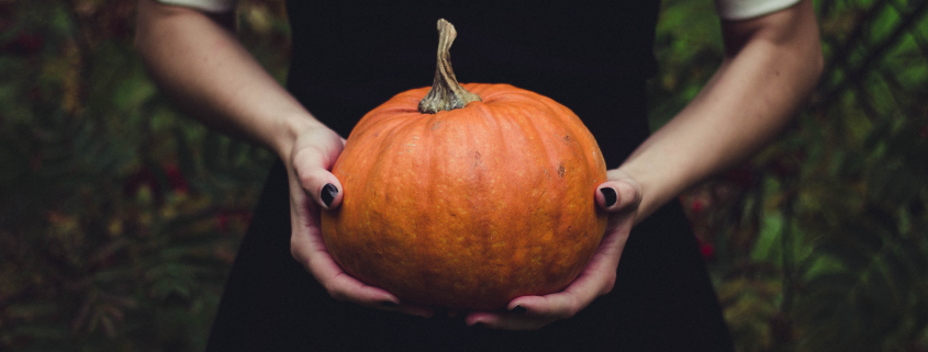 Girl wearing black dress holding a pumpkin