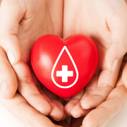 Two sets of hands holding a red heart