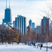 Chicago skyline with snow on the ground
