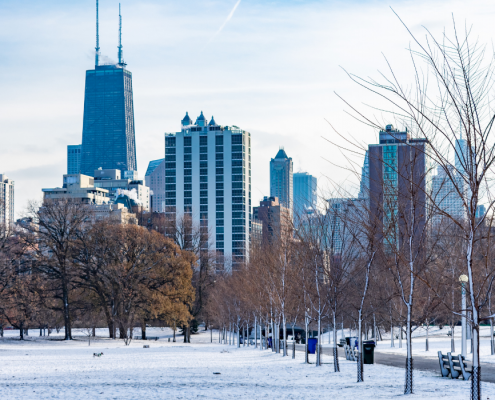 Chicago skyline with snow on the ground