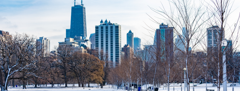 Chicago skyline with snow on the ground