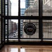 Photo of FFC logo looking to street from interior