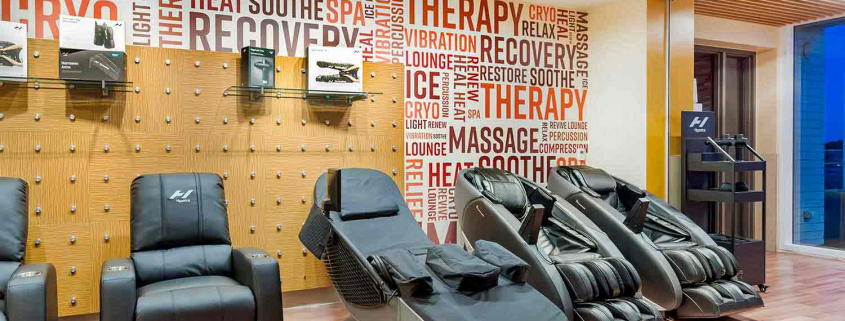 Recovery Lounge with Massage Chairs and Cryo Chairs in side FFC Elmhurst Gym.